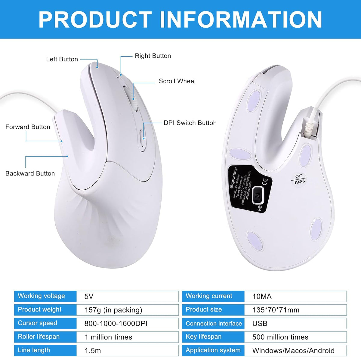 HXMJ -Ratón vertical con cable, ratón óptico ergonómico USB, clic s...