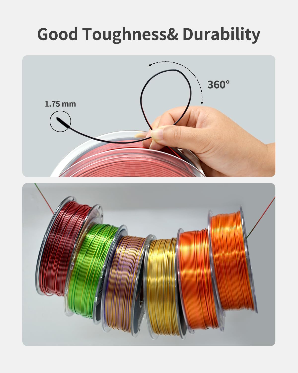 XZN - Filamento PLA de Seda 1.75mm de Doble Color Negro Rojo 1KG, F...