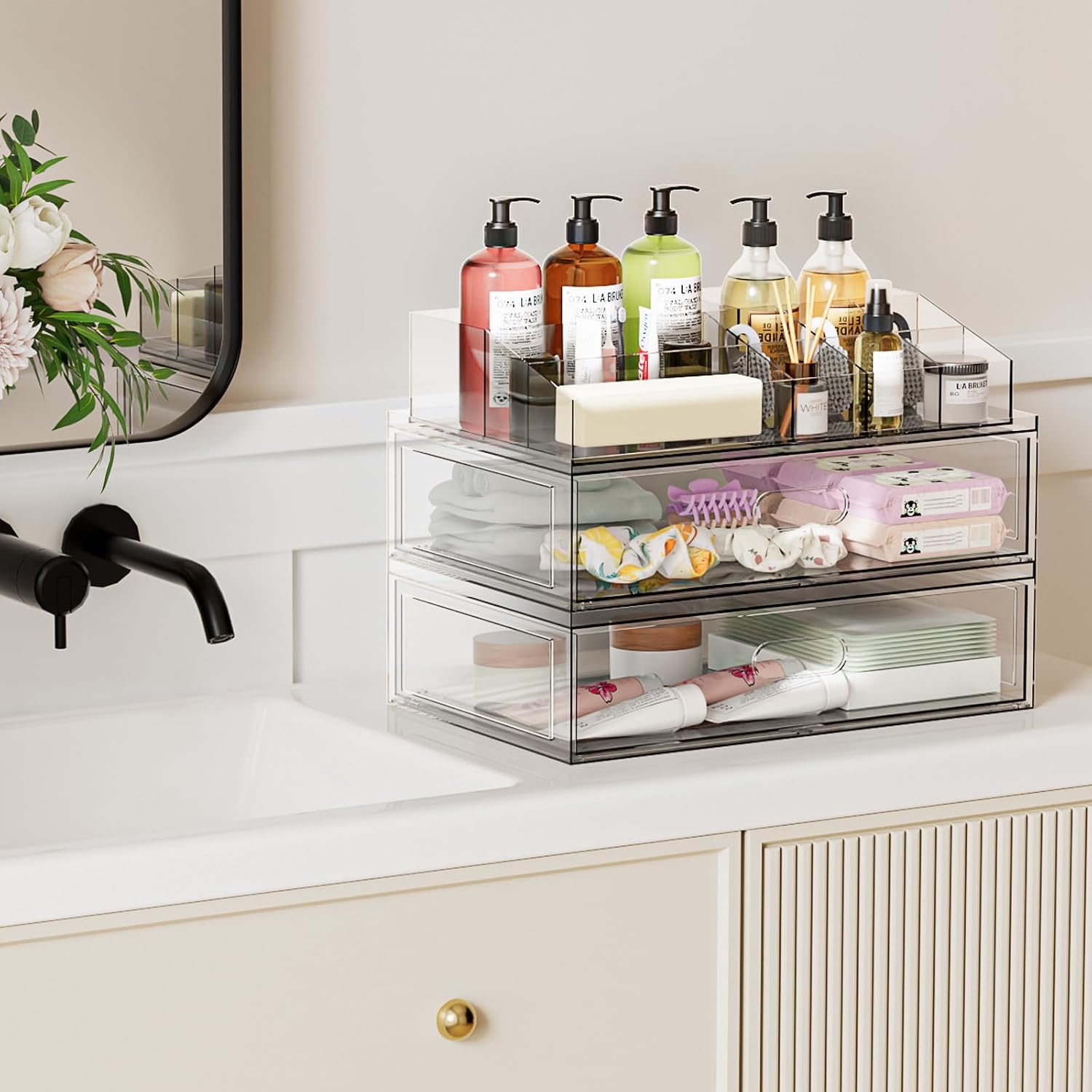 Organizador de maquillaje apilable transparente con cajón, cajones...