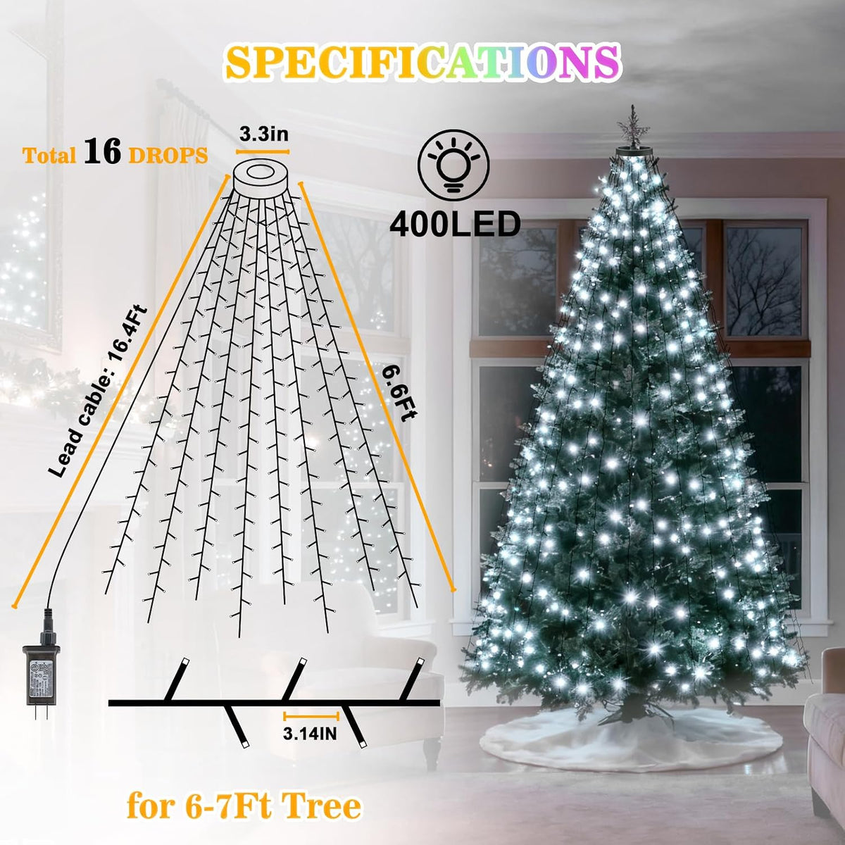 Luces de árbol de Navidad con control remoto, 6.5 pies, 400 luces L...