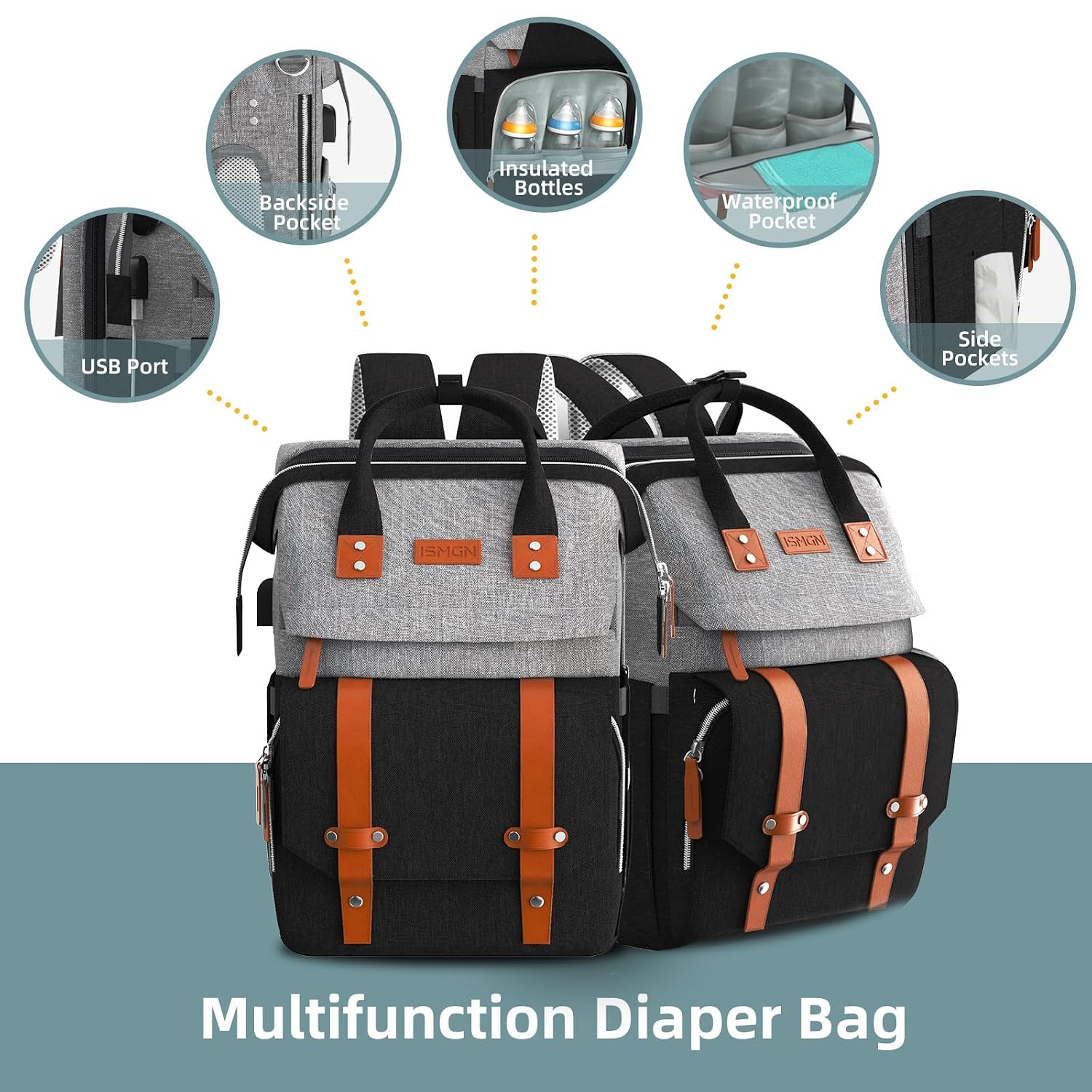 ISMGN Mochila para pañales con cambiador, bolsa de pañales para beb...