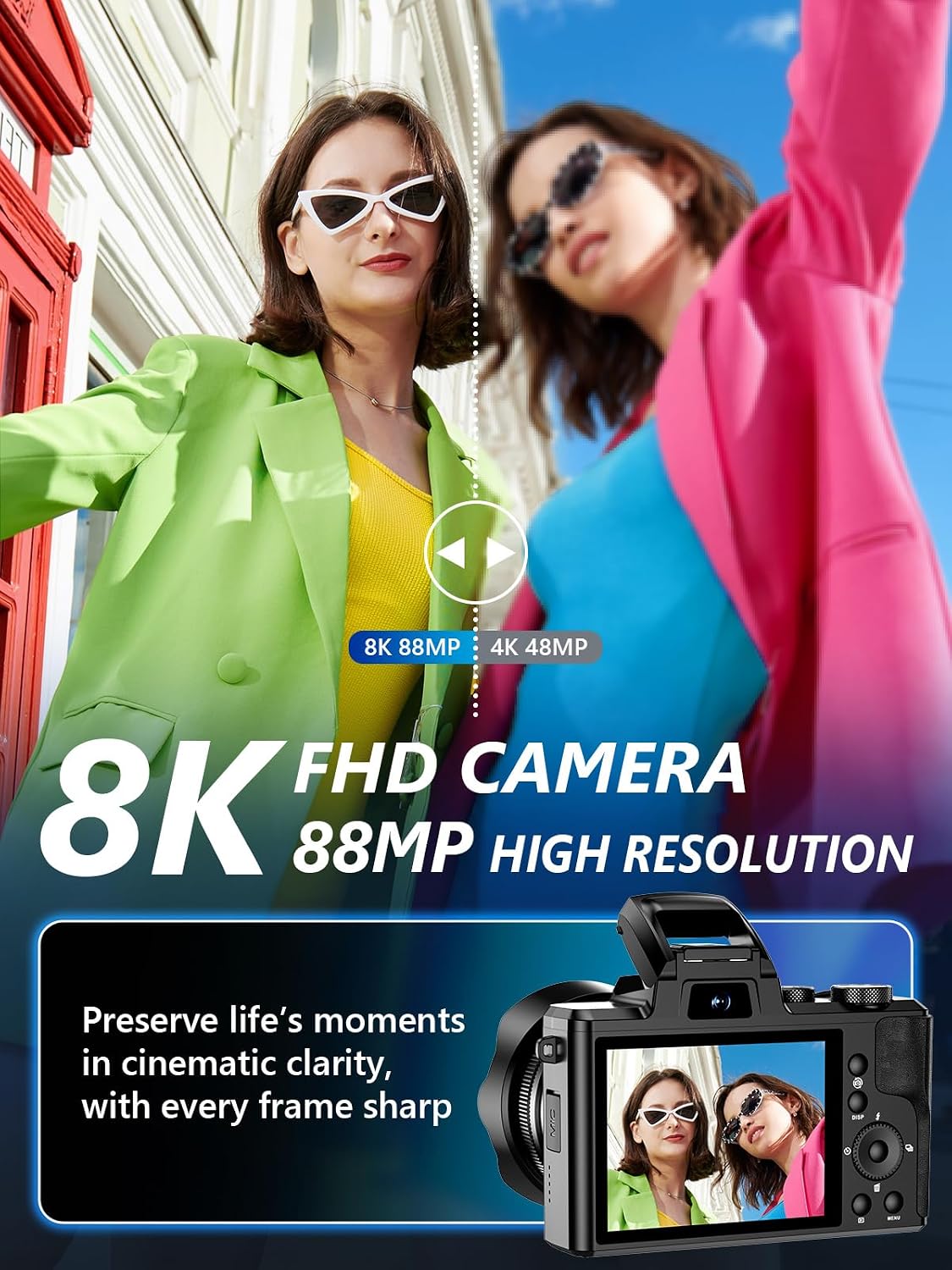 Cámara digital 8K, cámaras WiFi de 88 MP para fotografía con pantal...