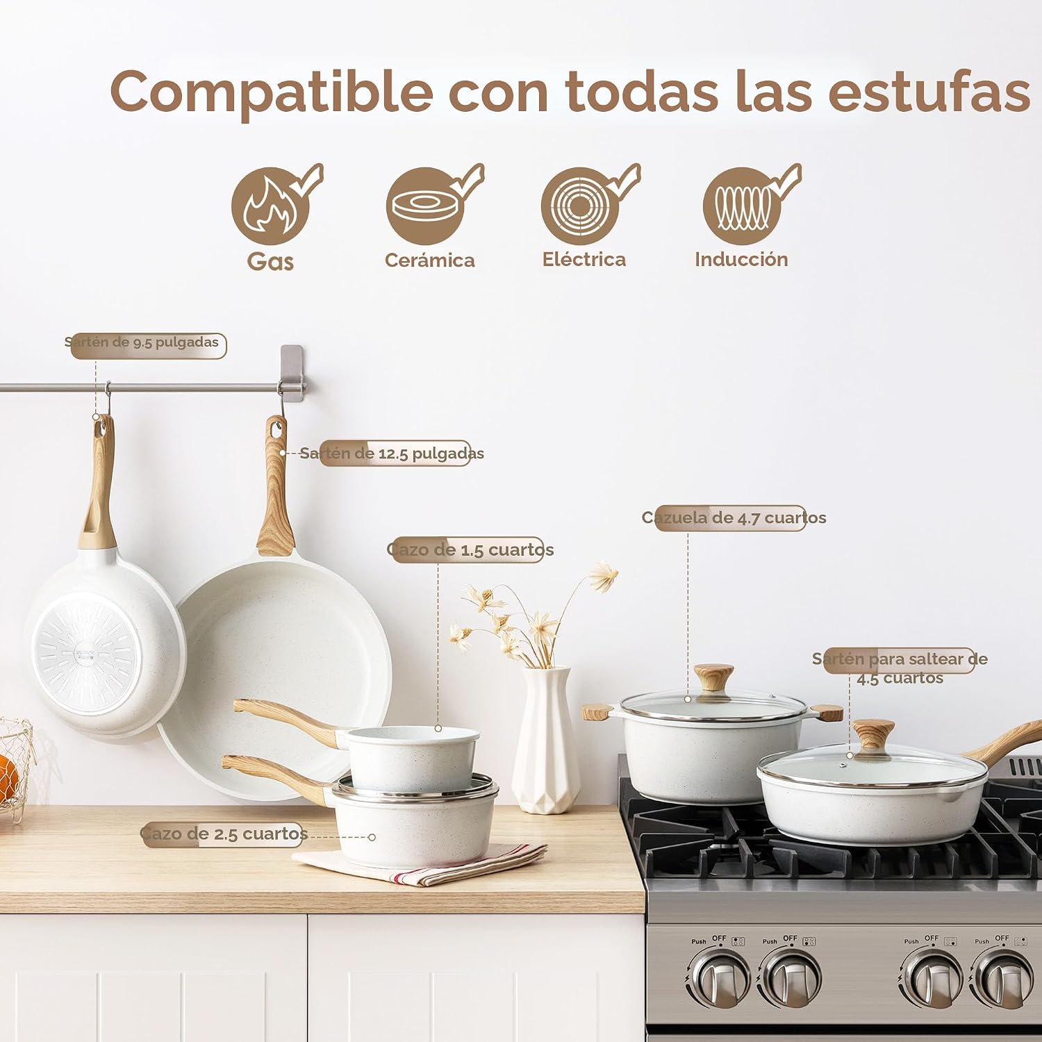 SENSARTE Juego de utensilios de cocina de cerámica antiadherente de...