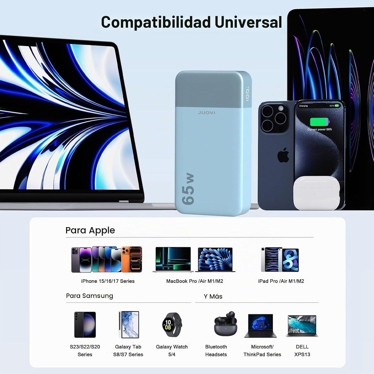 Cargador portátil para ordenador portátil JUOVI Power Bank 65W 2000...