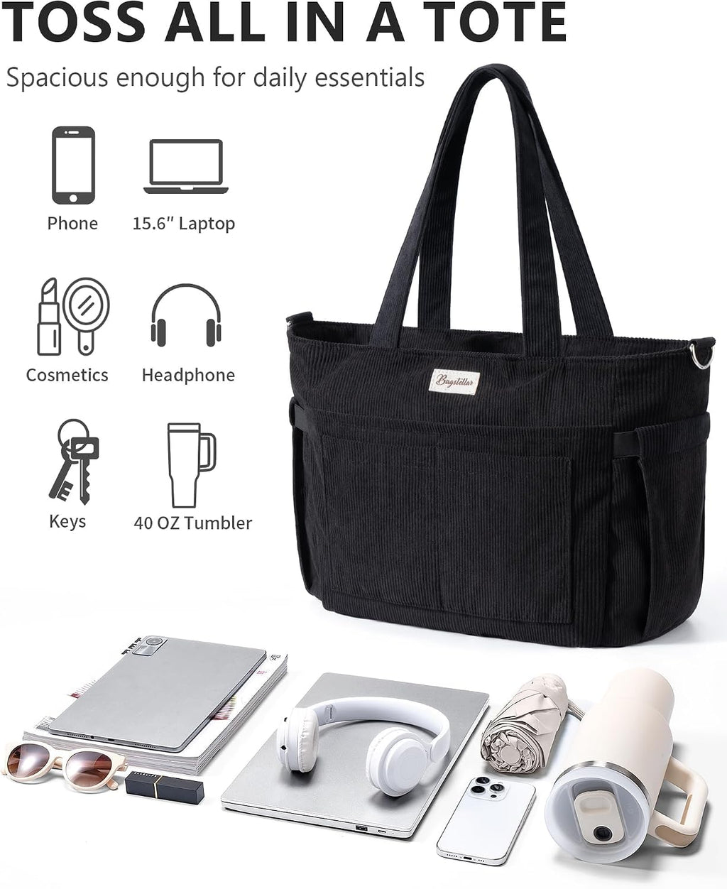 Bolsa tote de pana para mujeres, 17 bolsillos para laptop de trabaj...