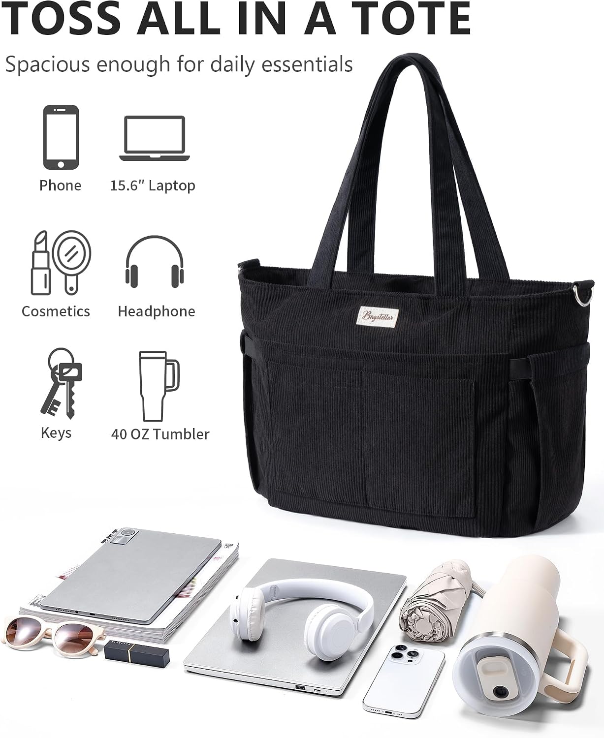 Bolsa tote de pana para mujeres, 17 bolsillos para laptop de trabaj...