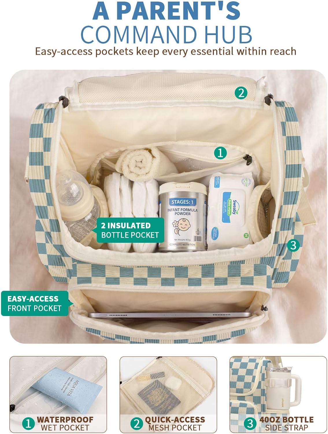 suwarble Mochila grande de pana para pañales para mamá, bolsa de vi...