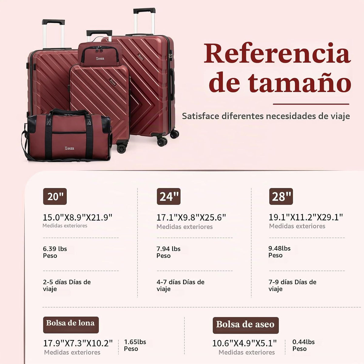 Eeeza Juego de equipaje de 5 piezas, maletas con ruedas, maleta ríg...