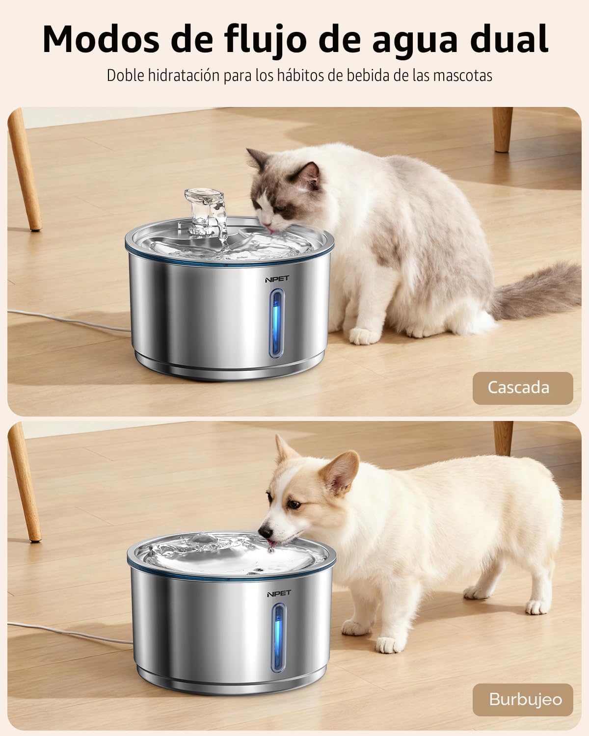 NPET Fuente de agua para gatos de acero inoxidable, dispensador aut...