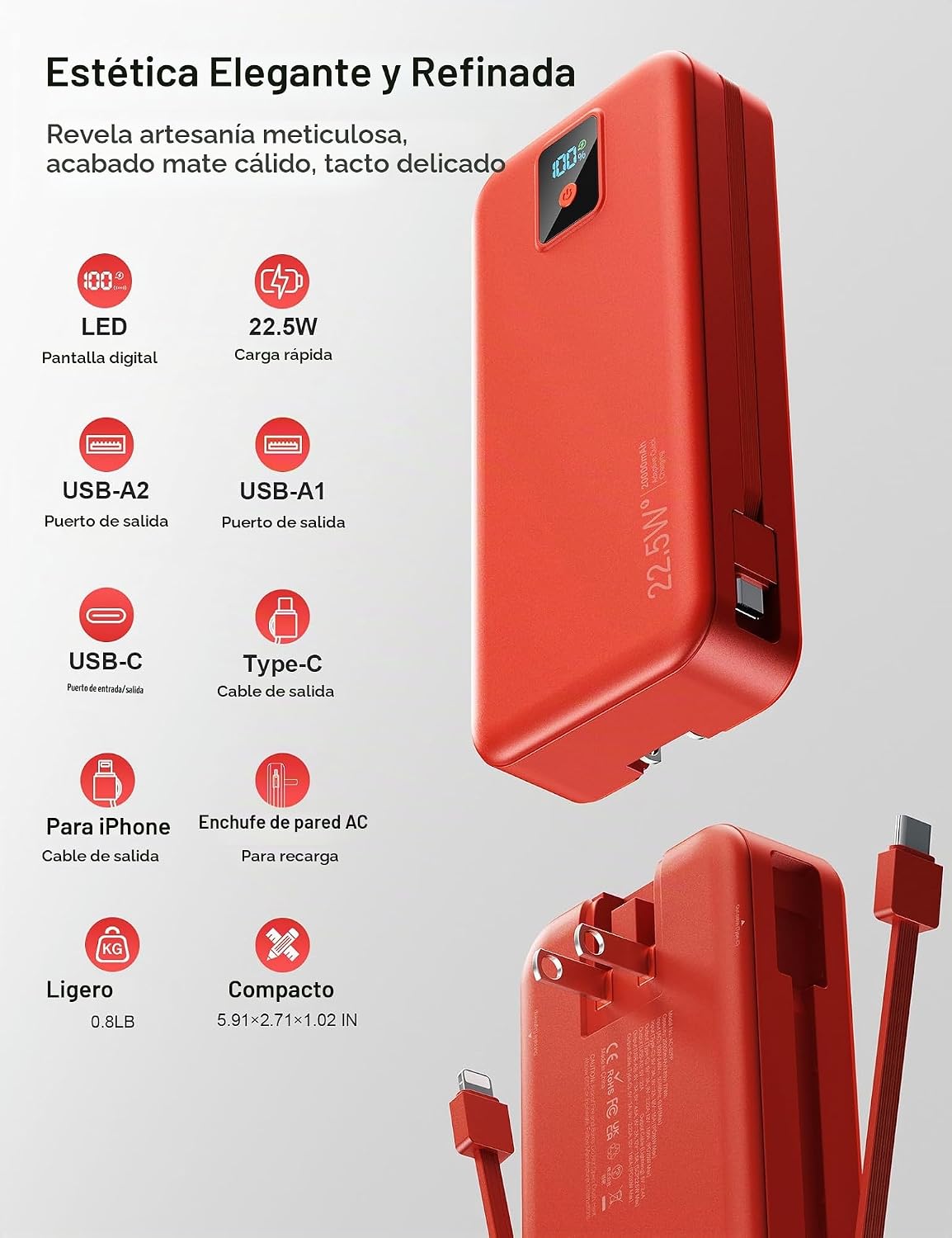 Rngsnoy Cargador Portátil 20000mAh 22.5W w\/Cable incorporado y enc...