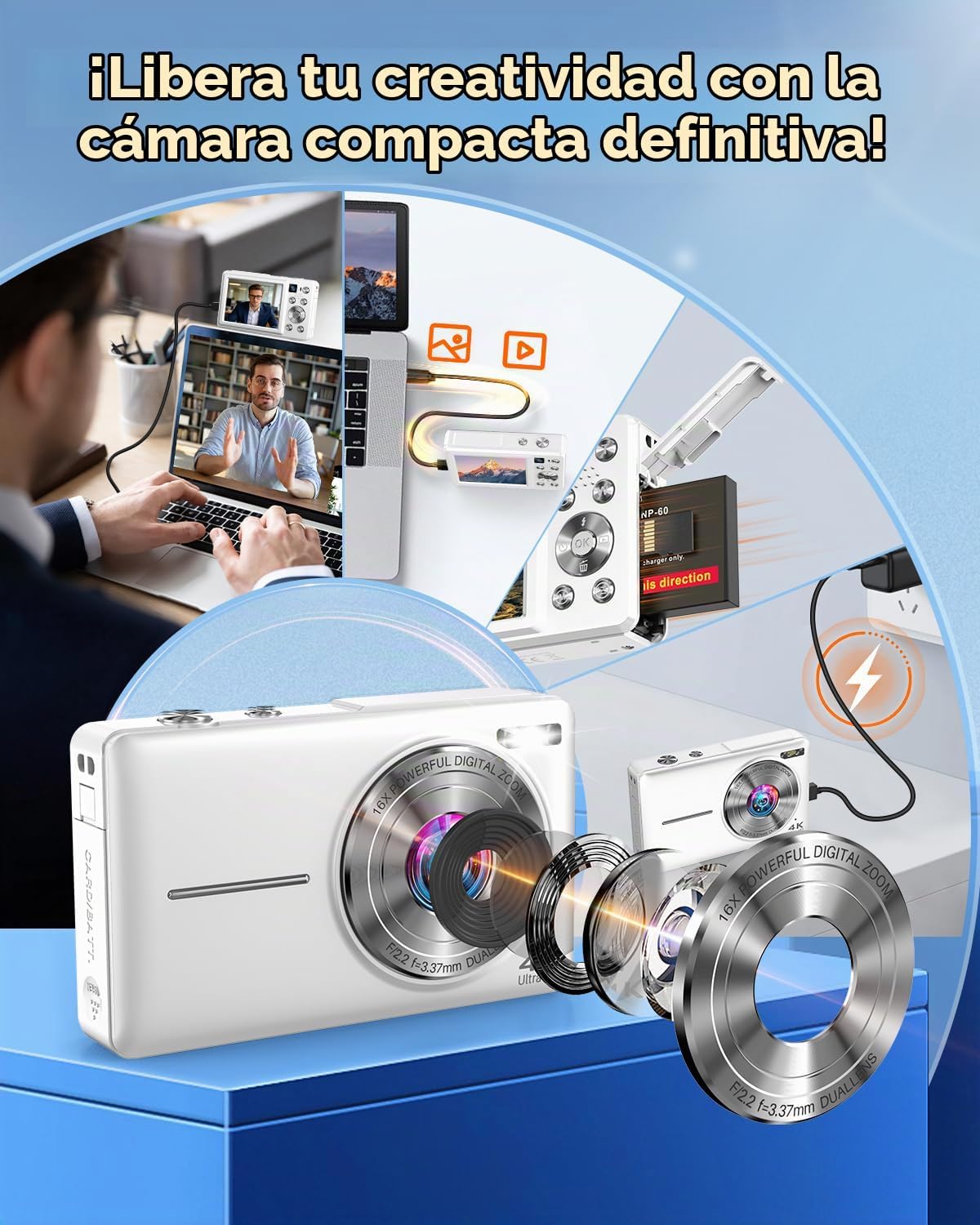 Cámara digital, cámara digital de enfoque automático 4K 64MP con cá...