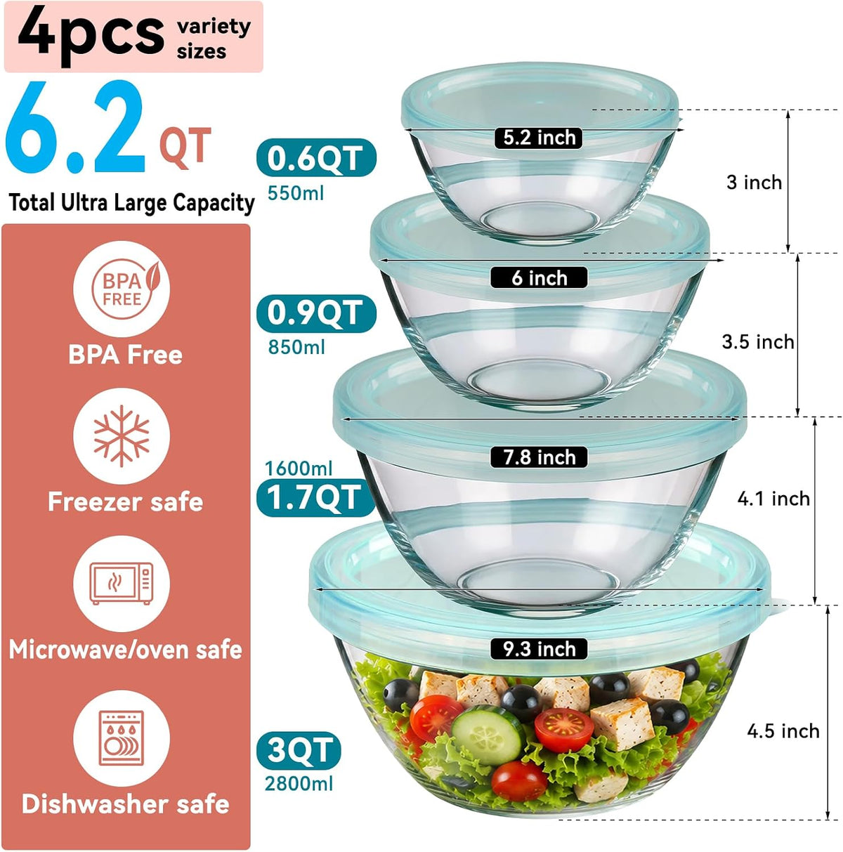 YUANYE Juego de 4 cuencos de vidrio para mezclar con tapas (3 cuart...