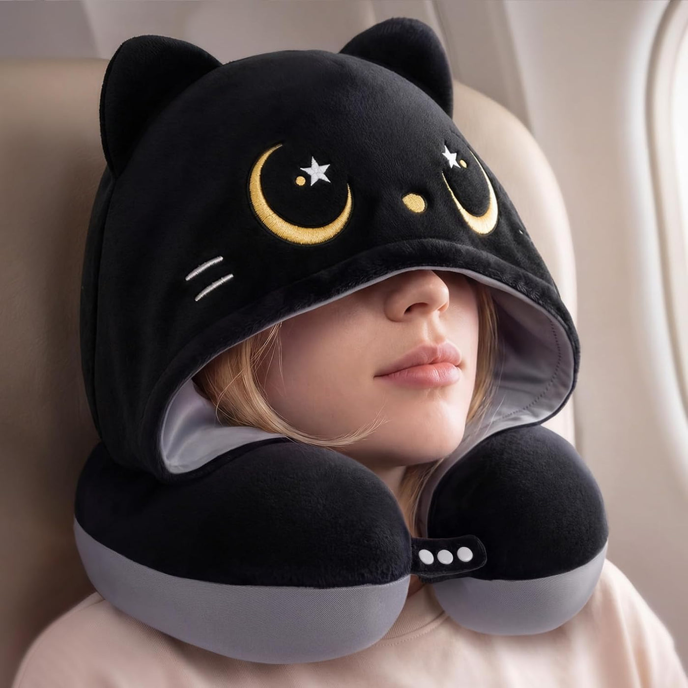 Mewaii Almohada de viaje para el cuello, almohada de avión con capu...