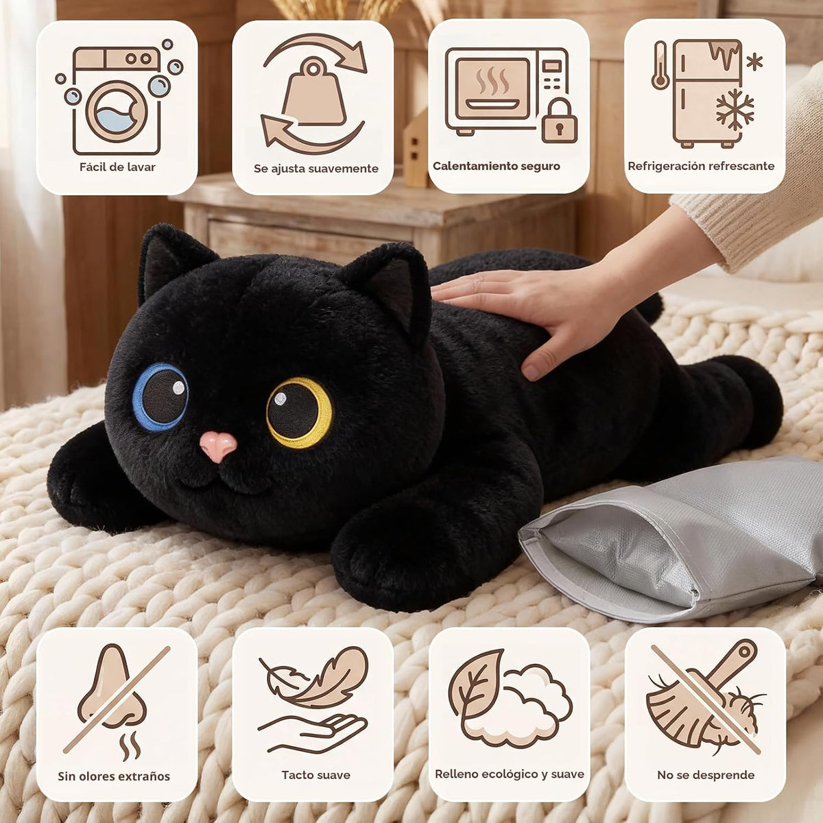 Mewaii Animales de peluche con peso, gato negro, calentable, refrig...