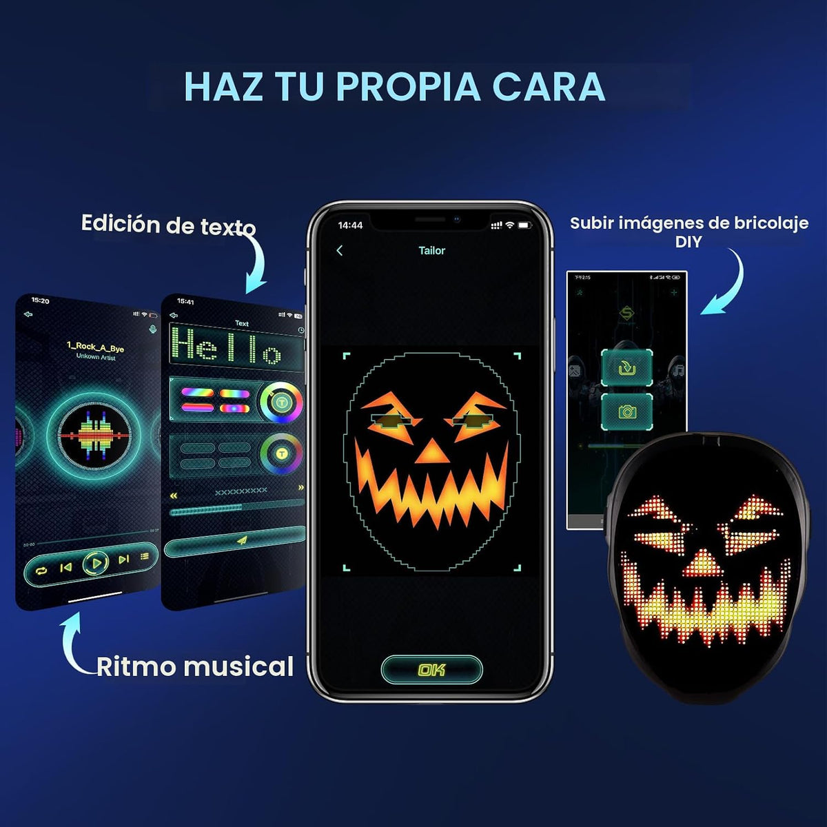 Máscara LED de Halloween Gootus con detección de gestos y personali...