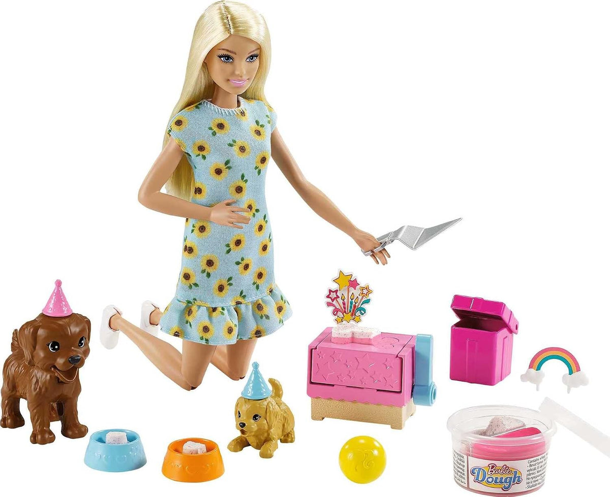 Muñeca y set de juego Barbie Puppy Party, muñeca rubia con vestido...