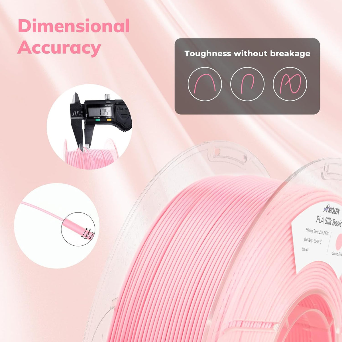 AMOLEN - Filamento PLA de 0.069 pulgadas, sedoso brillante rosa Sak...