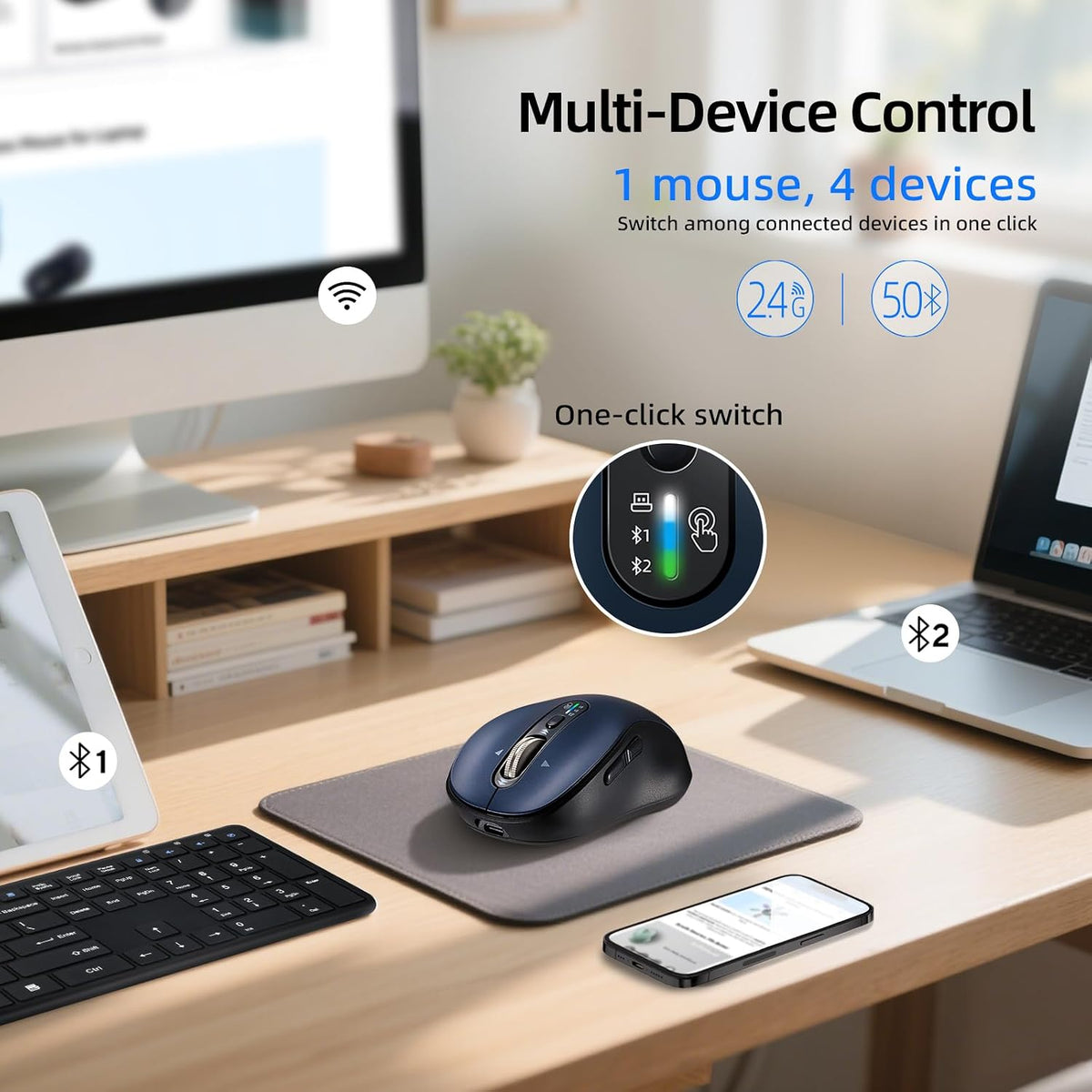 Ratón inalámbrico Bluetooth para portátil, USB+BT×2, carga USB-C, r...