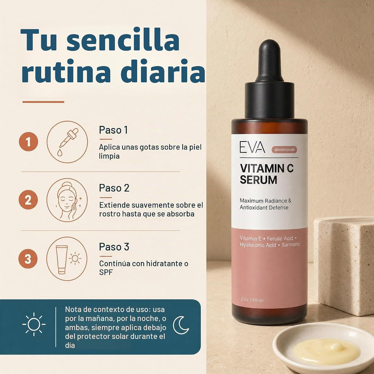 Eva Naturals Suero de vitamina C para cara, 20% de vitamina C, ácid...