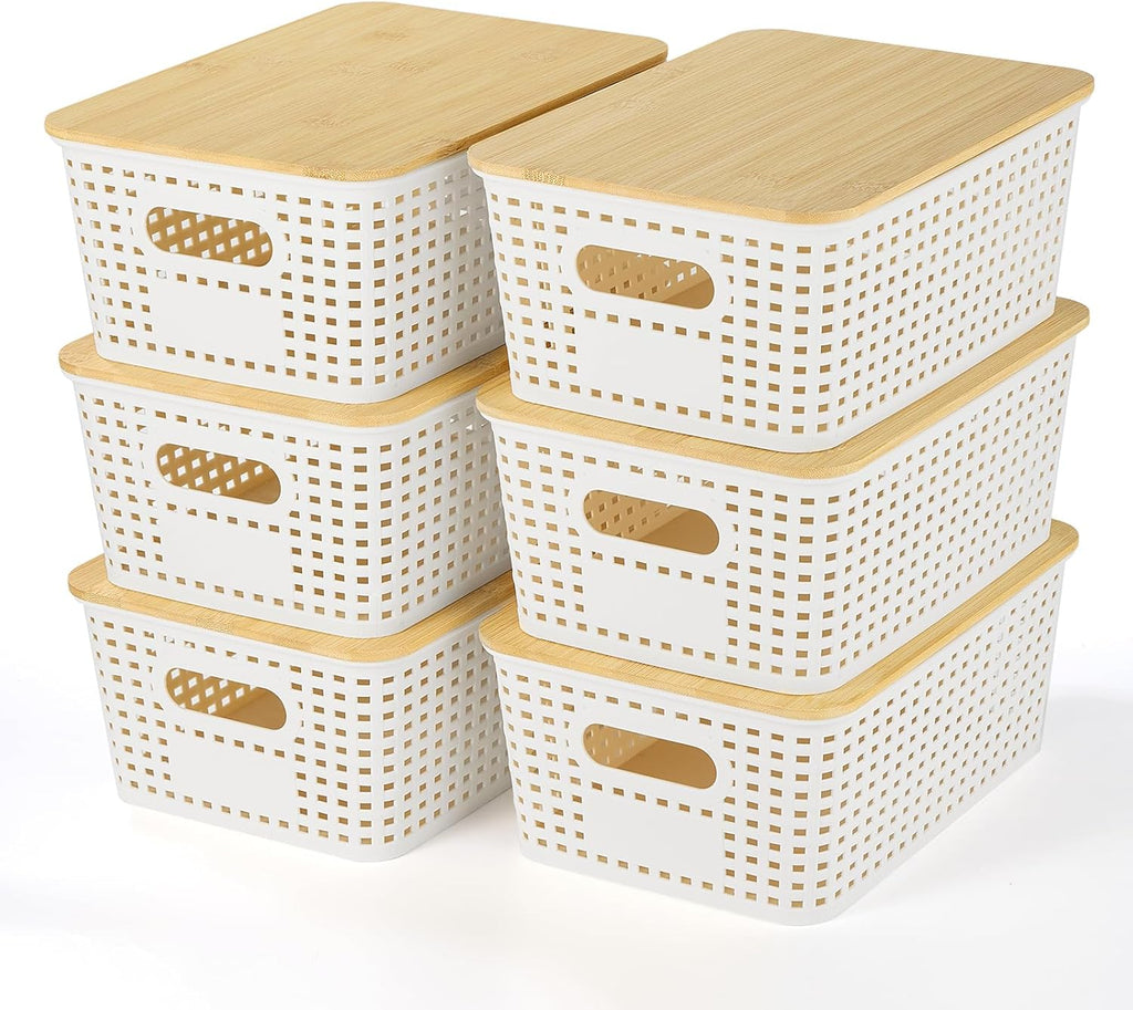 Ohmlove - Cestas de almacenamiento de plástico con tapa de bambú -...
