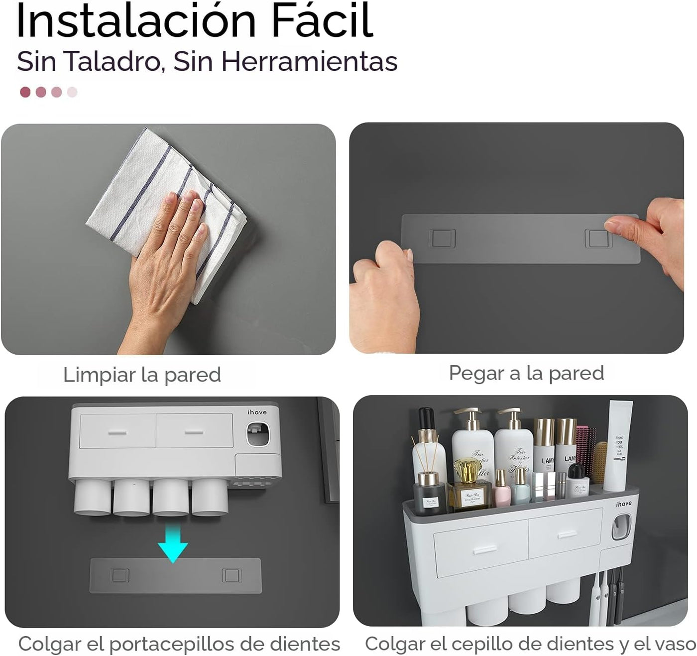 iHave Soportes para cepillos de dientes montados en la pared con |...