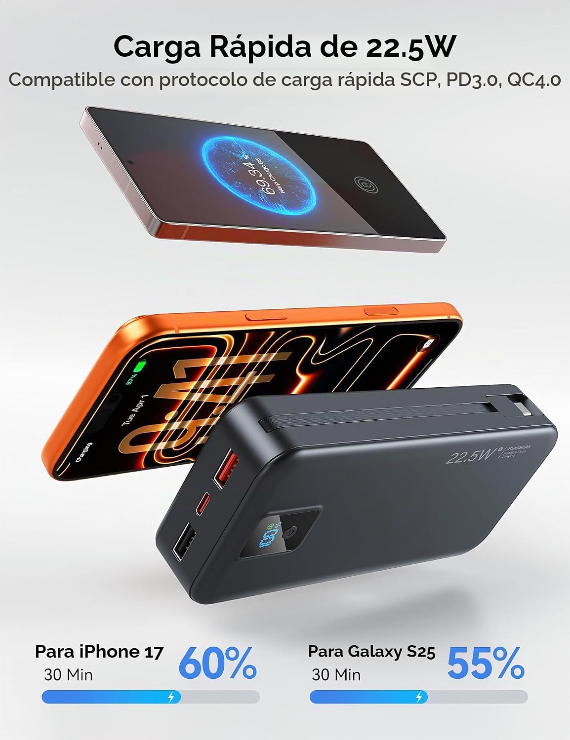 Rngsnoy Cargador portátil 20000mAh 22.5W w\/Cable incorporado y enc...