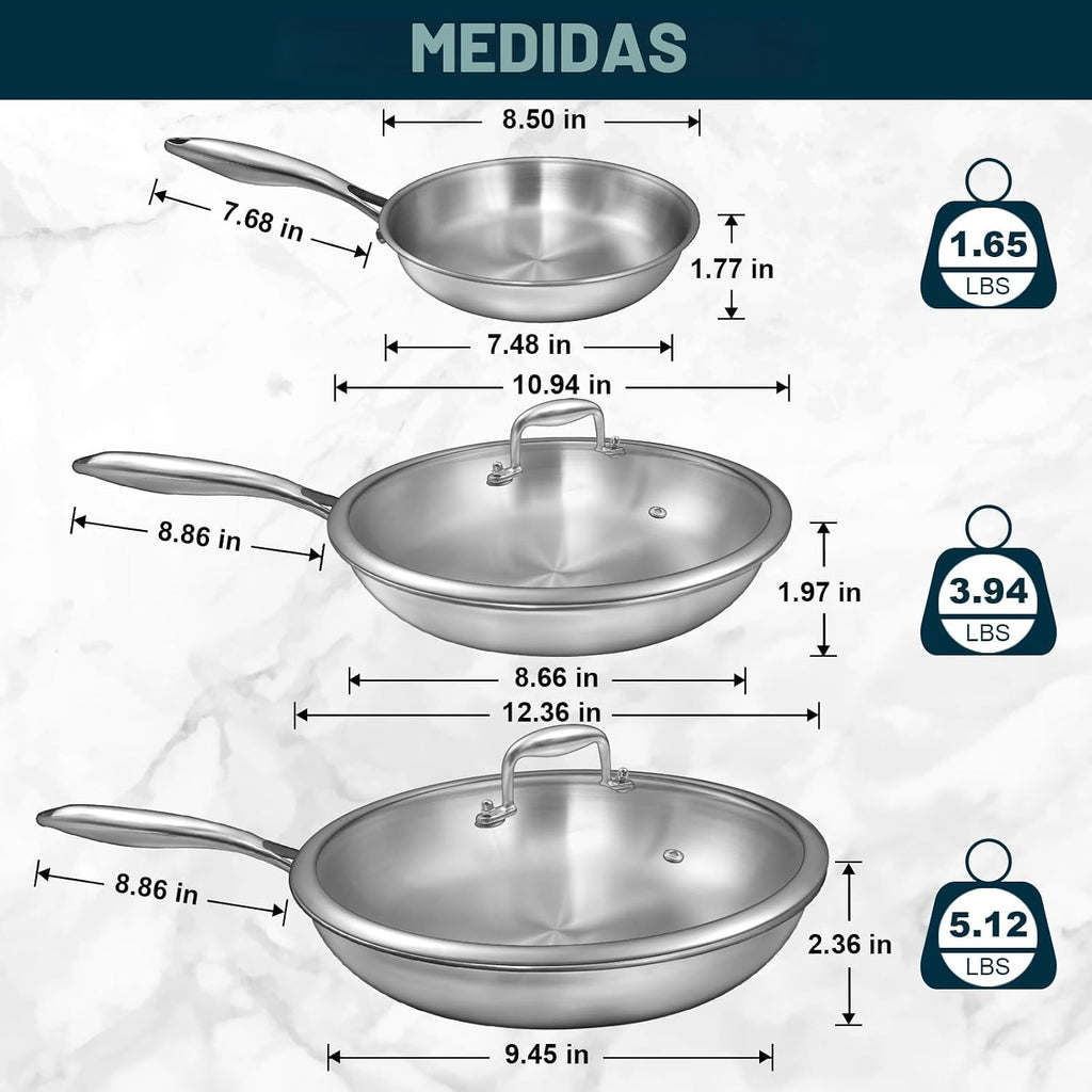 EWFEN - Juego de sartenes de acero inoxidable de tres capas con tap...