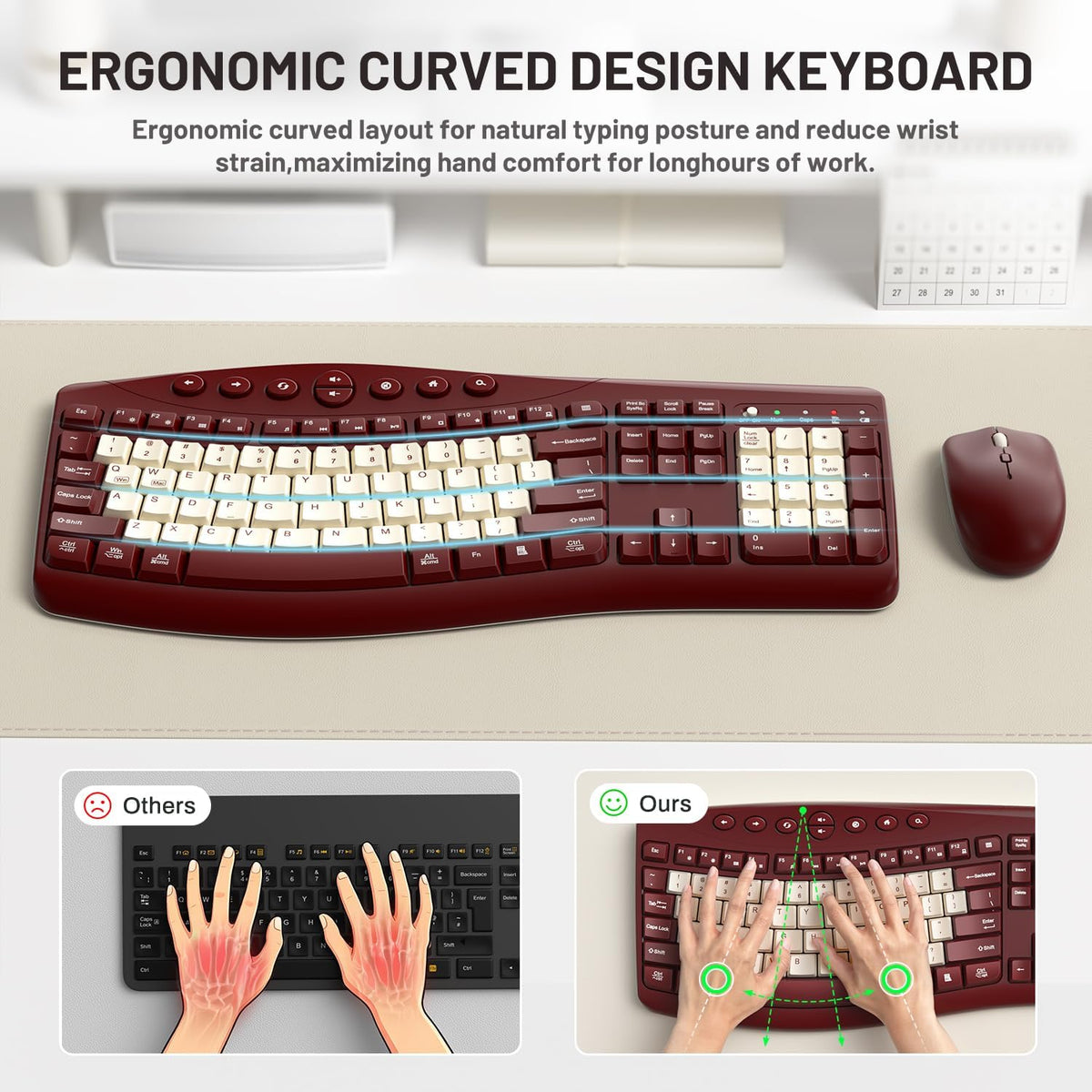 Teclado inalámbrico y ratón Combo silencioso ergonómico diseño curv...