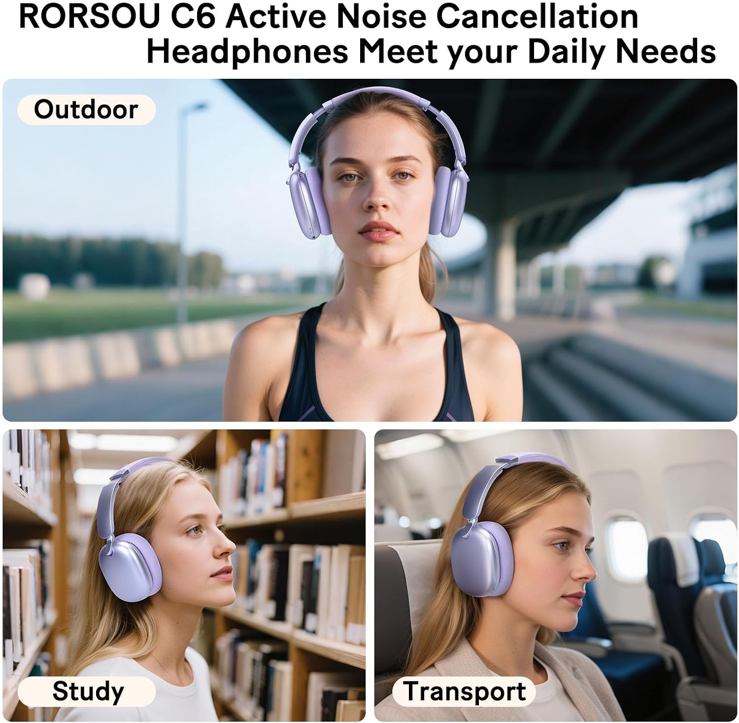 RORSOU C6 Auriculares con cancelación activa de ruido, inalámbricos...