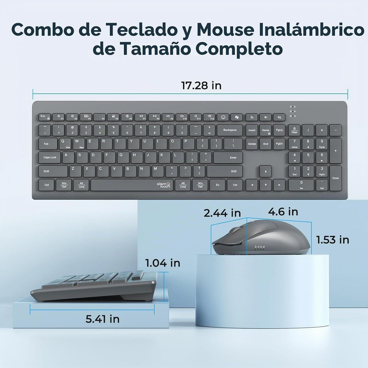 Teclado y mouse inalámbricos, juego silencioso de tamaño completo d...