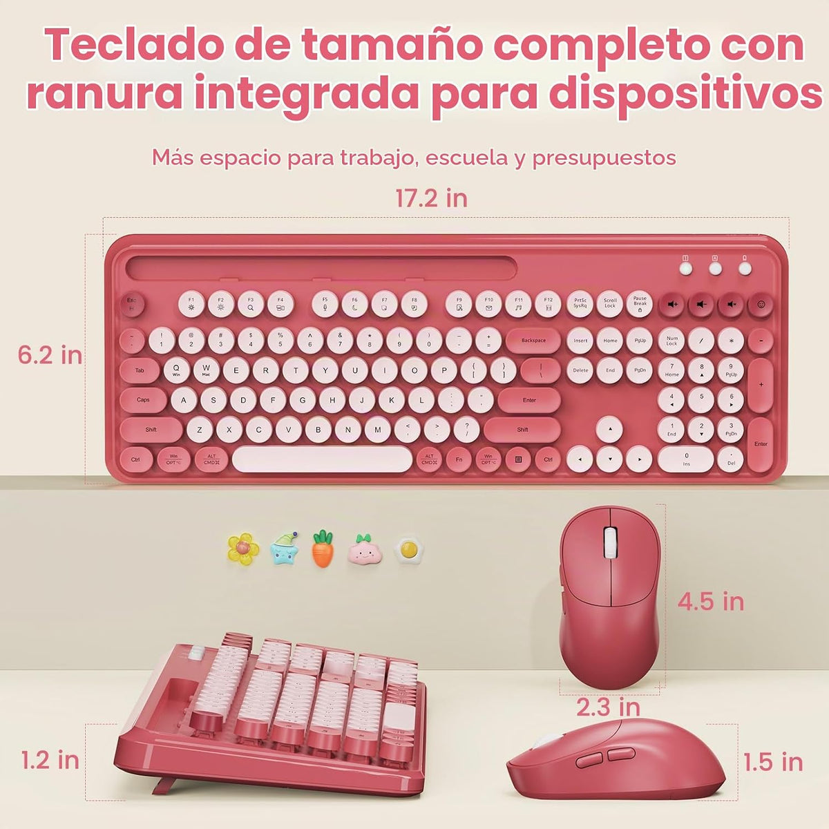 Combo de teclado y mouse inalámbricos, teclas redondas retro, tecla...
