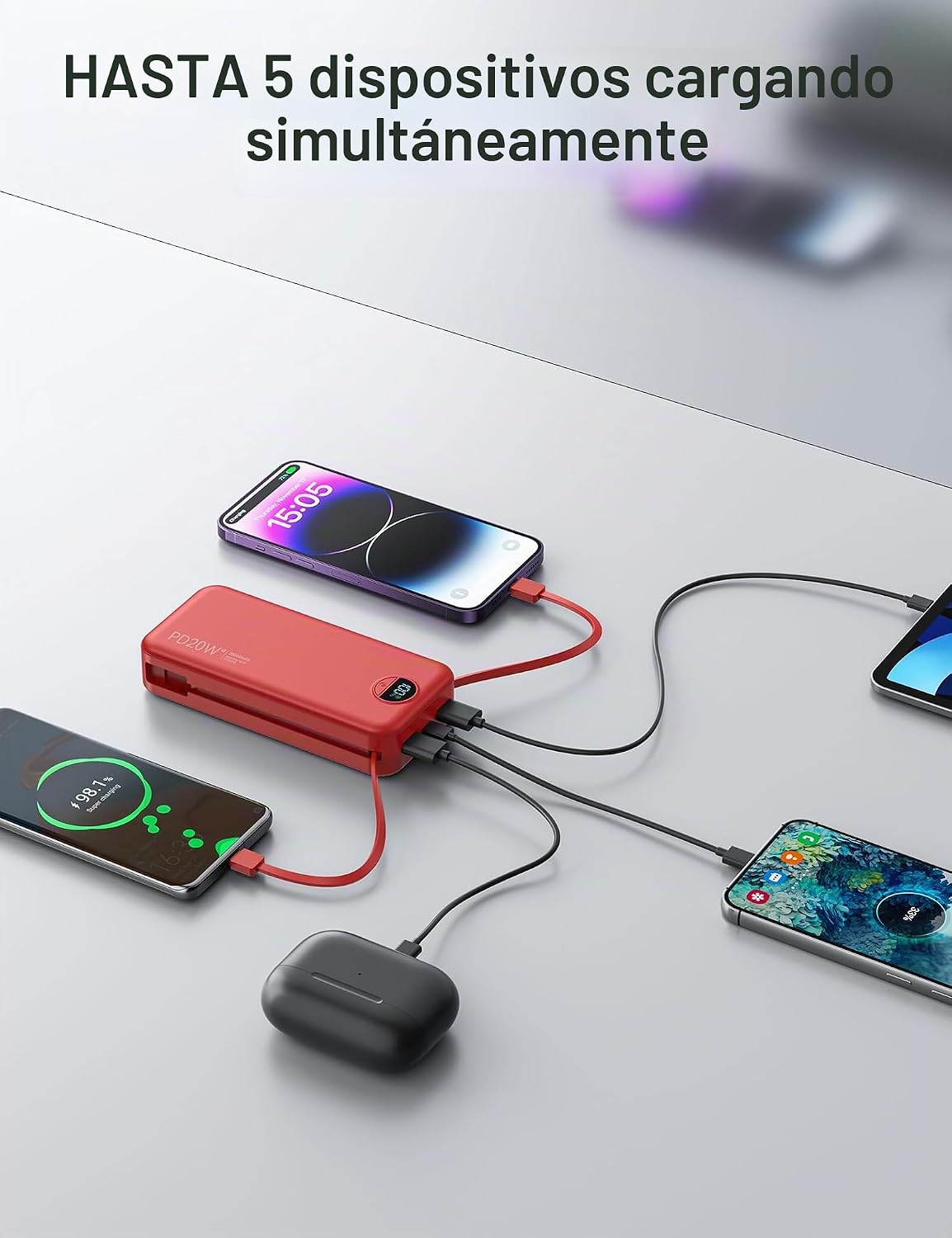 Cargador portátil Power Bank 20000mAh con cables integrados y enchu...