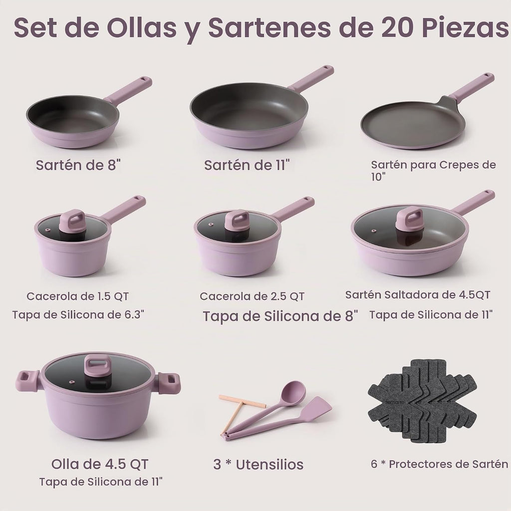 SENSARTE Juego de 20 ollas y sartenes antiadherentes, juego de uten...
