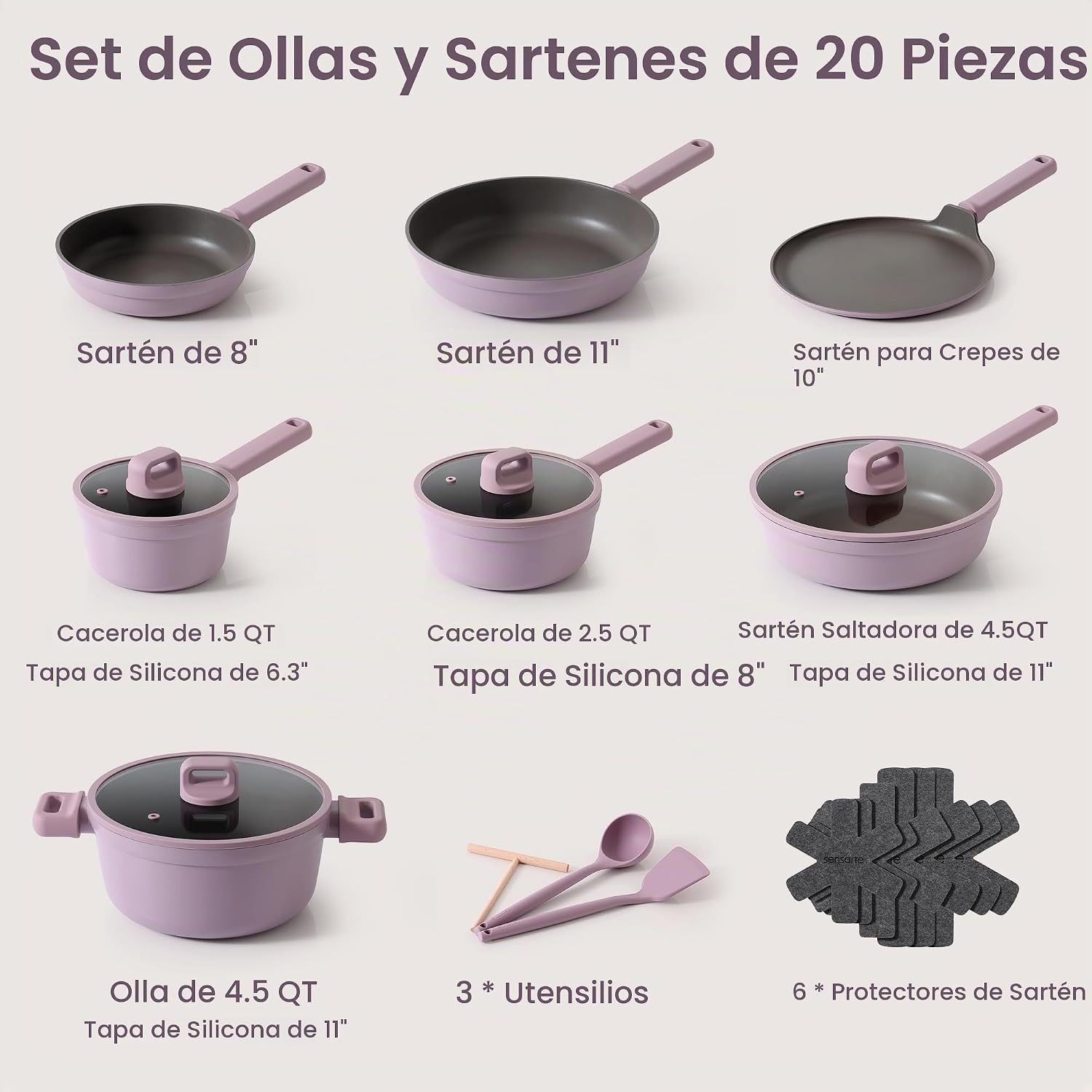 SENSARTE Juego de 20 ollas y sartenes antiadherentes, juego de uten...