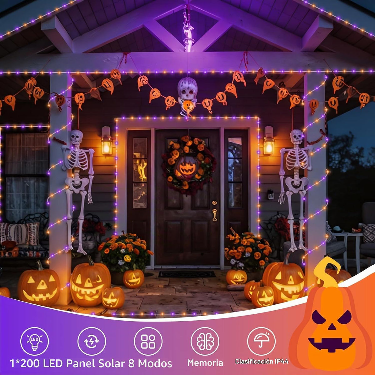 QITONG Luces solares de Halloween naranjas y moradas, 66 pies, 200...