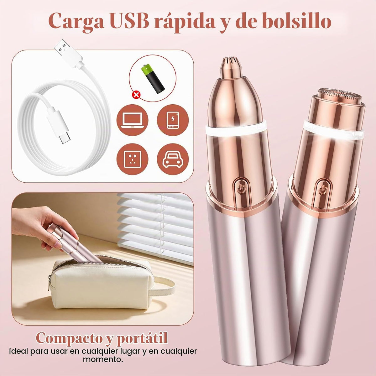 Recortador de cejas 2 en 1, depilación facial para mujeres, recarga...