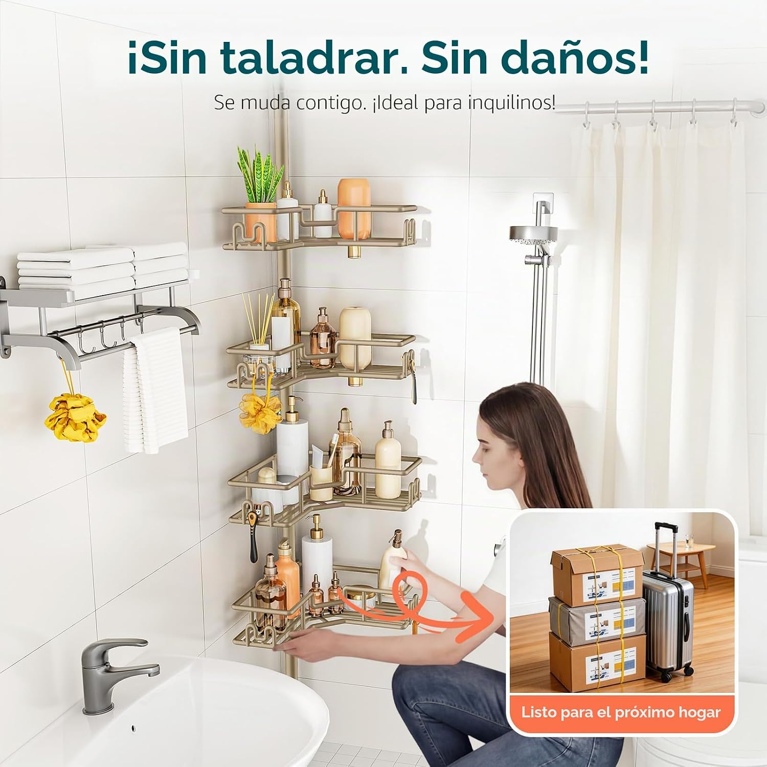 HAMITOR Estante de ducha sin perforación: accesorios de baño de esq...