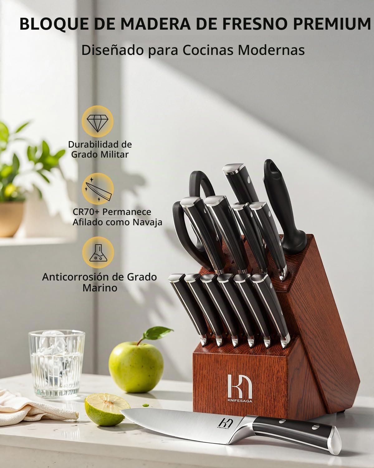 KnifeSaga - Juego de bloques de cuchillos de 15 piezas con afilador...