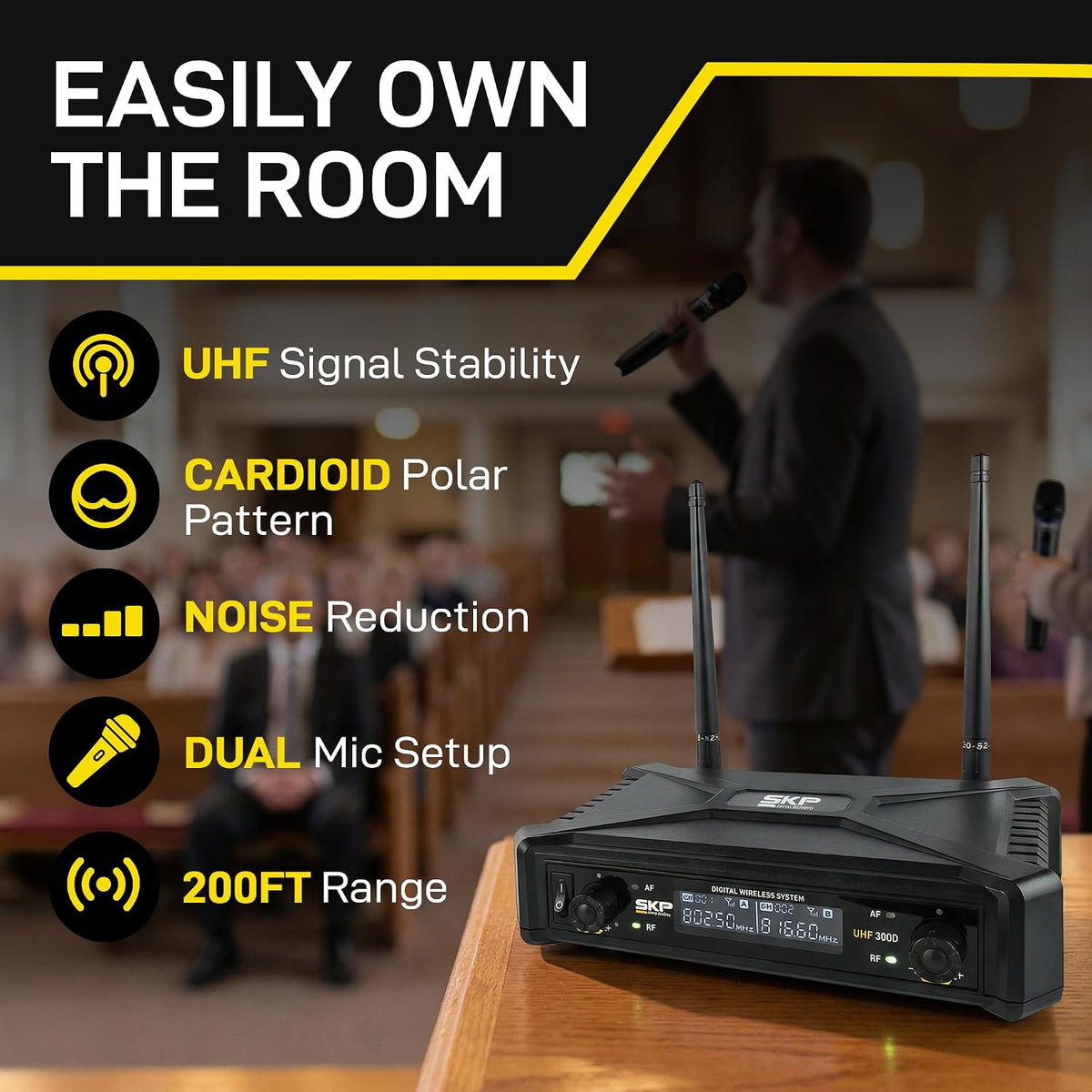 SKP Pro Audio UHF-300D Sistema de micrófono inalámbrico dual \u2013...
