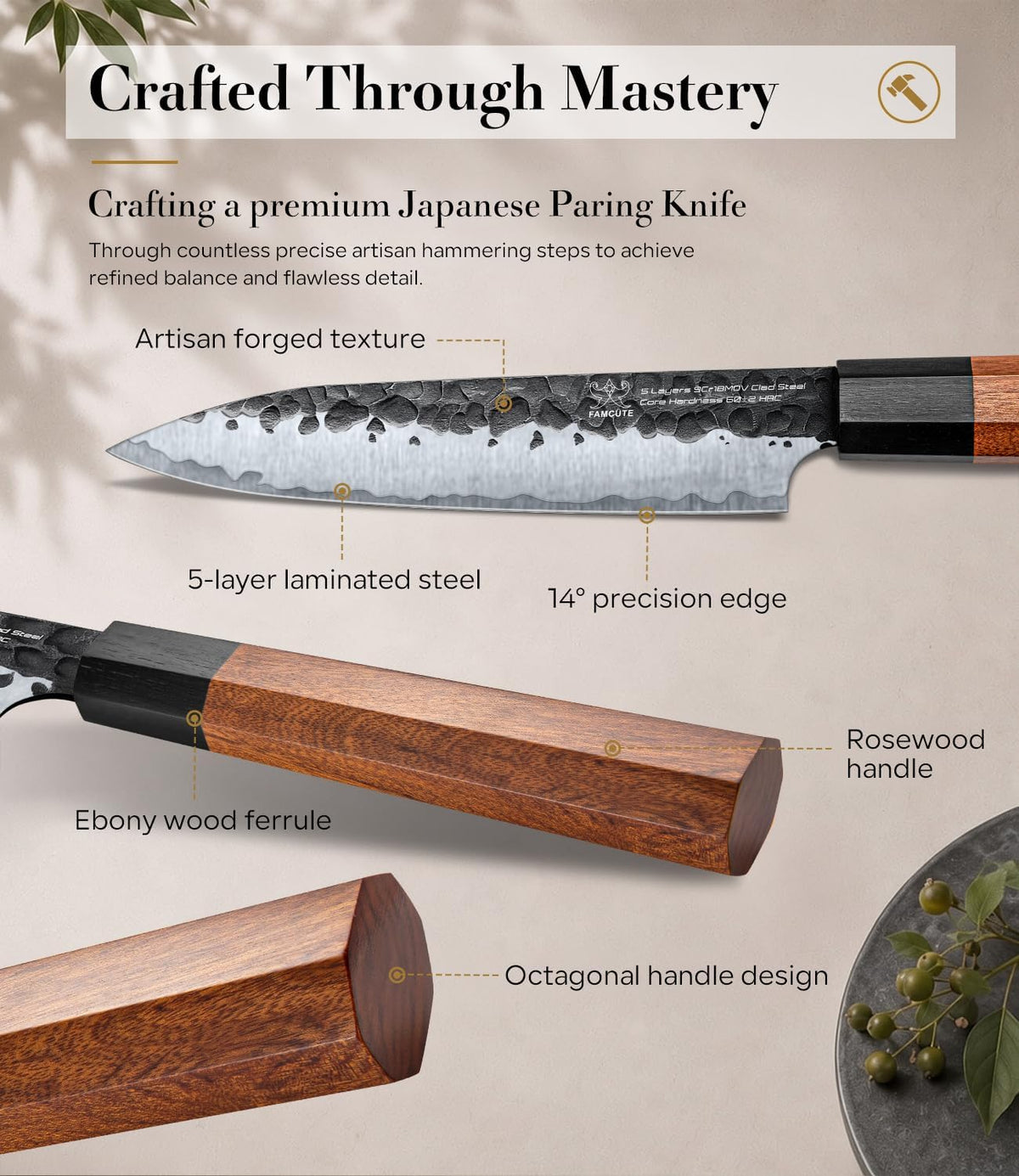 FAMCÜTE - Cuchillo de pelar japonés de 5 pulgadas, cuchillo de coci...