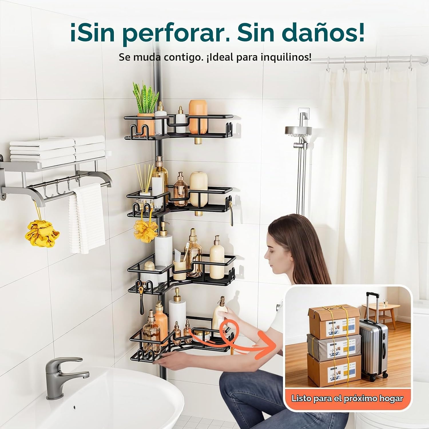HAMITOR Poste de tensión para regadera: organizador de baño de esqu...