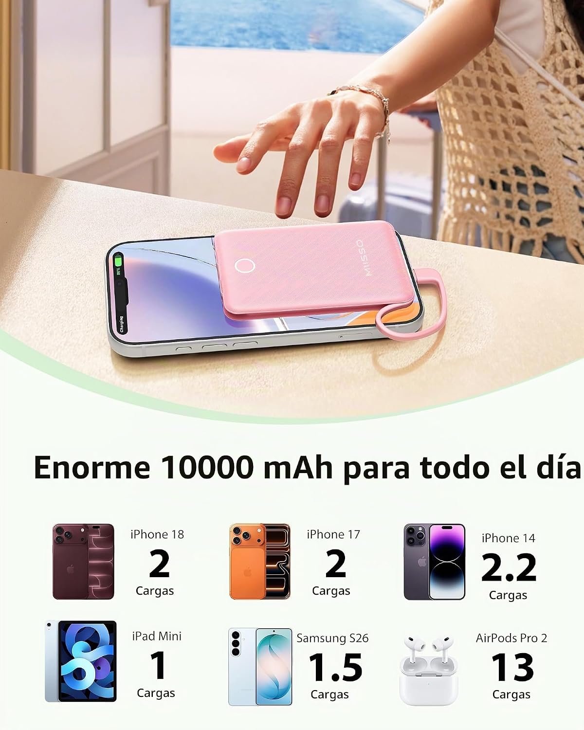 Mini cargador portátil de 10000 mAh con cable incorporado, paquete...