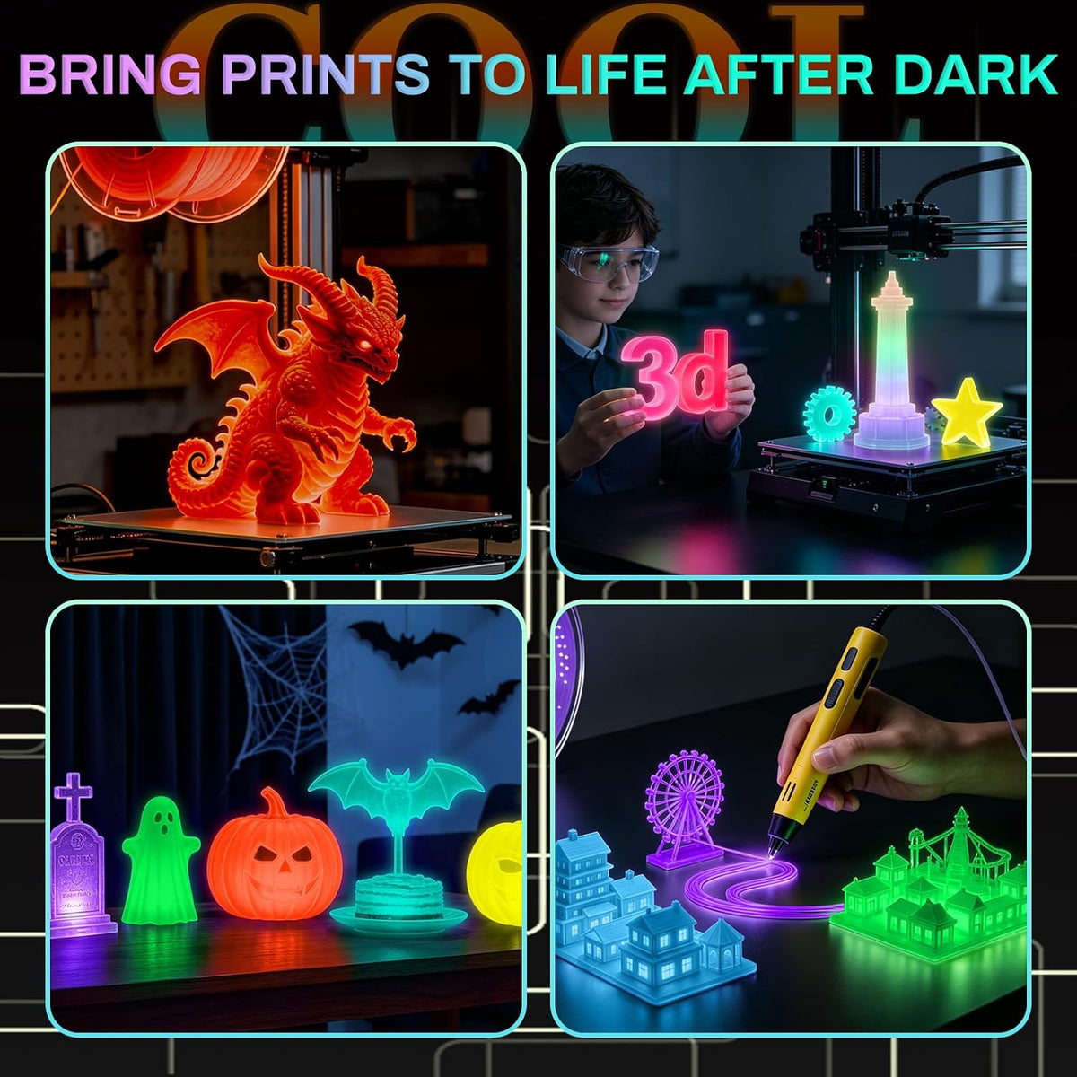 Frucindra Filamento de impresora 3D PLA+ que brilla en la oscuridad...
