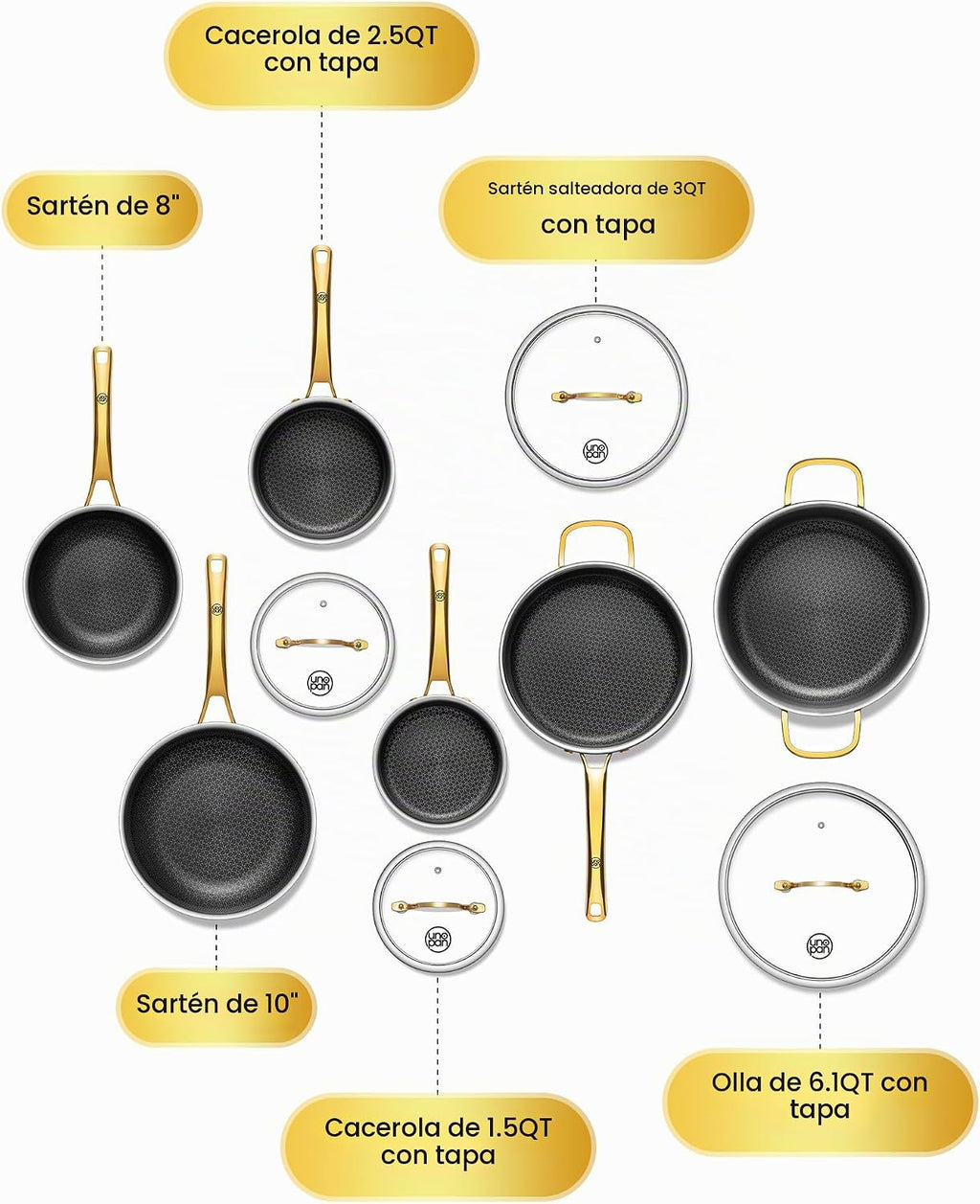 Juego de utensilios de cocina de titanio dorado, 10 piezas, sartene...