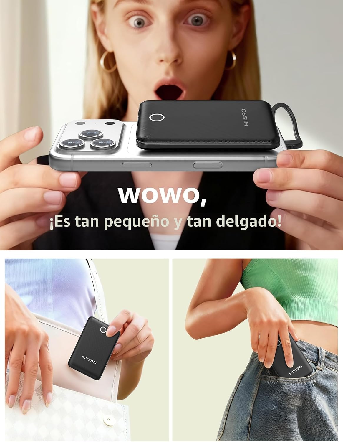 miisso 10000mAh - Cargador portátil con cable integrado, color negr...