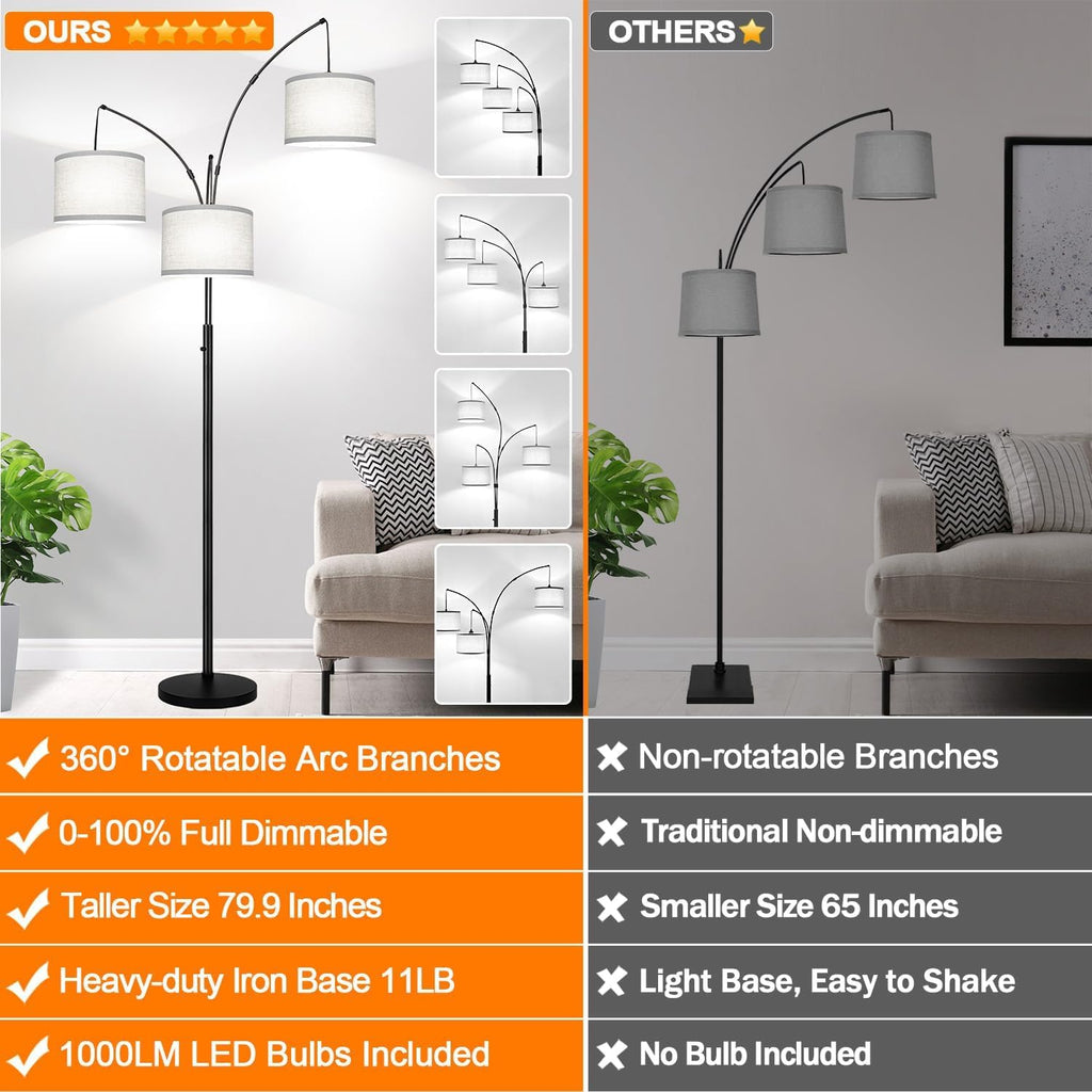 Lámpara de pie regulable, lámpara de pie de arco negro de 3 luces,...