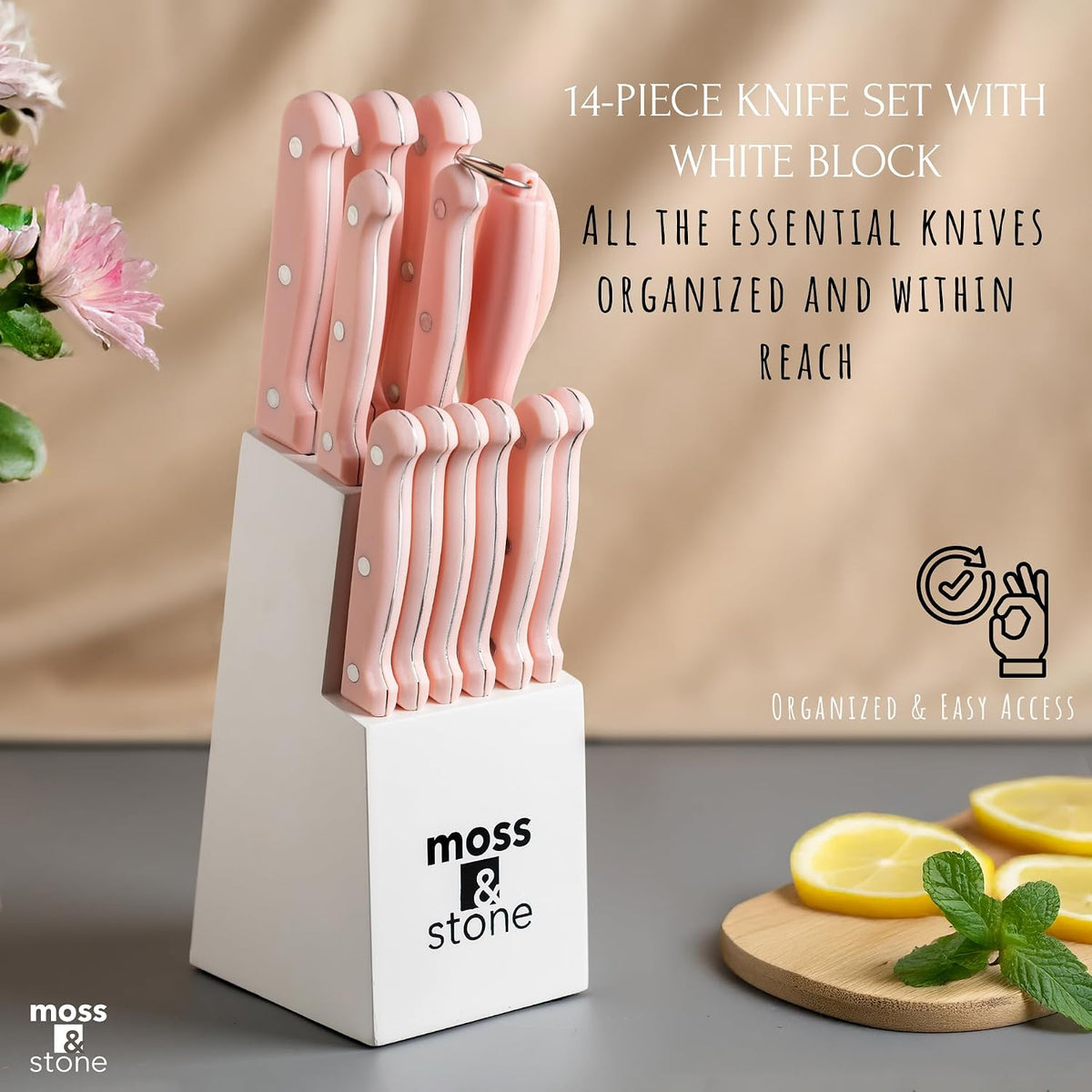 Moss &amp; Stone Pink - Juego de cuchillos de cocina de 14 piezas c...