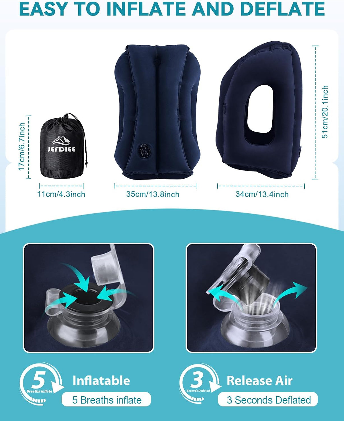 JefDiee Almohada de viaje, almohada inflable de avión para dormir p...