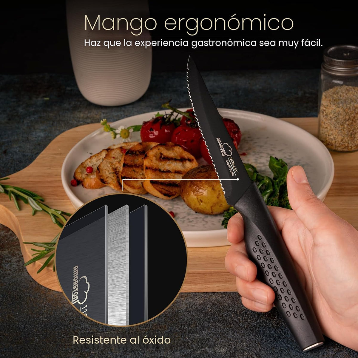 Amorston Cuchillos para carne, juego de 8 cuchillos de carne de ace...