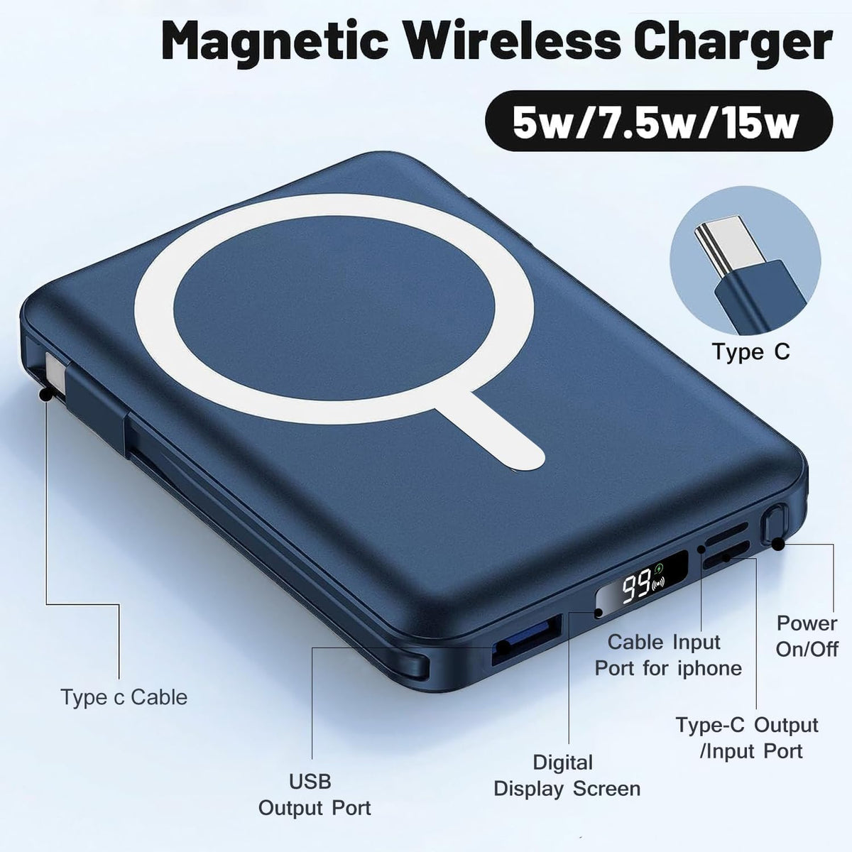 Azmuth para cargador portátil MagSafe, banco de energía magnético d...